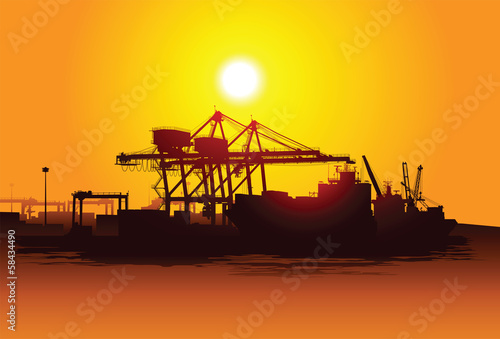 Industrial harbor, ships, crane seashore