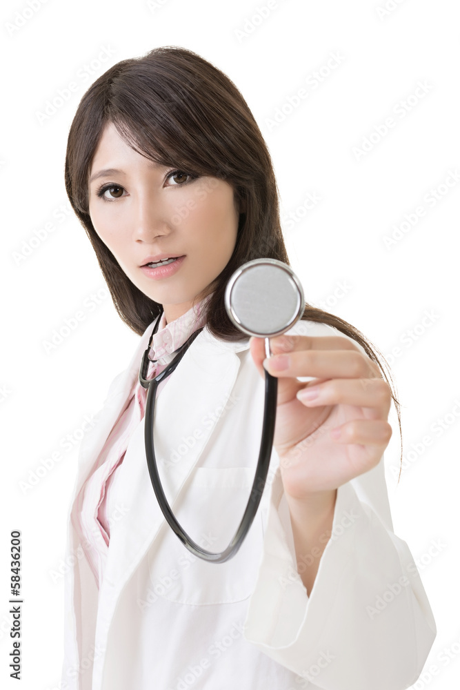 Young asian female doctor shows stethoscope Young asian female doctor shows stethoscope