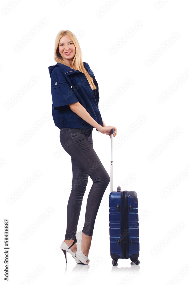Woman preparing for vacation with suitcase on white Woman preparing for vacation with suitcase on white