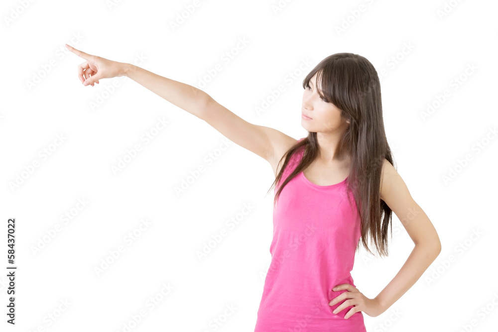 Young pretty asian woman pointing to the left Young pretty asian woman pointing to the left