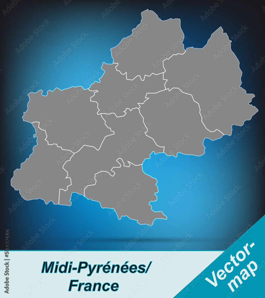 Midi-Pyrénées mit Grenzen in leuchtend grau