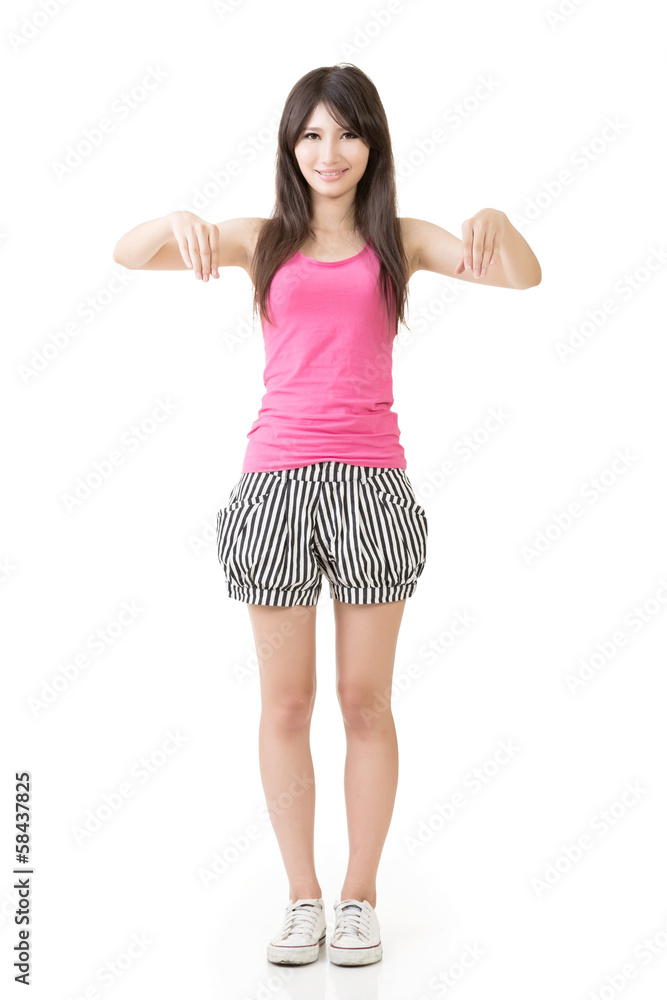 Fototapeta premium Smiling asian woman holding an imaginary board