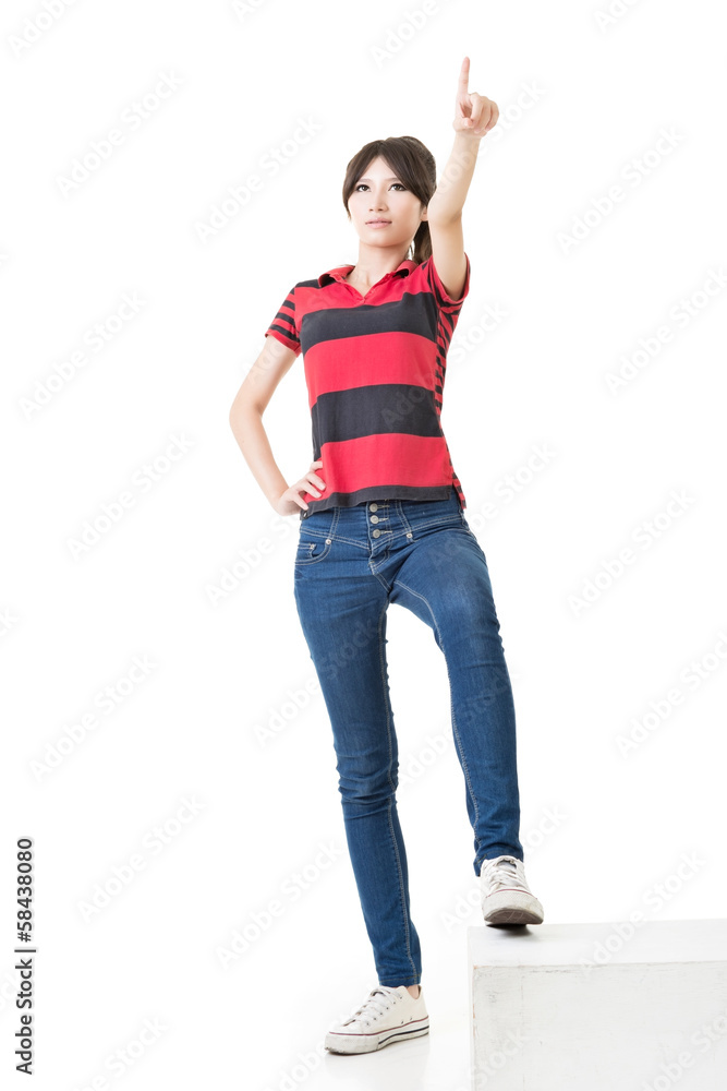 Asian woman pointing with hand