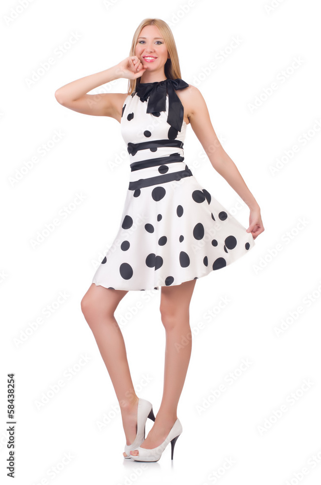 Tall model dressed in dress with polka dosts on white Tall model dressed in dress with polka dosts on white