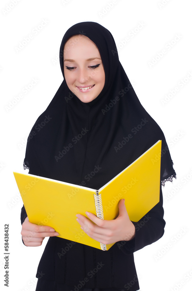Young muslim student with books on white Young muslim student with books on white