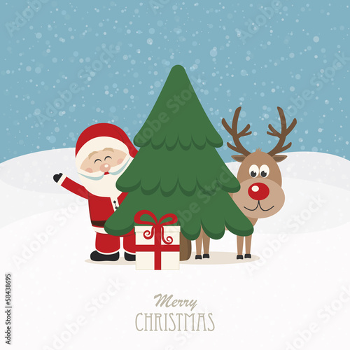santa and reindeer behind christmas tree snowy background
