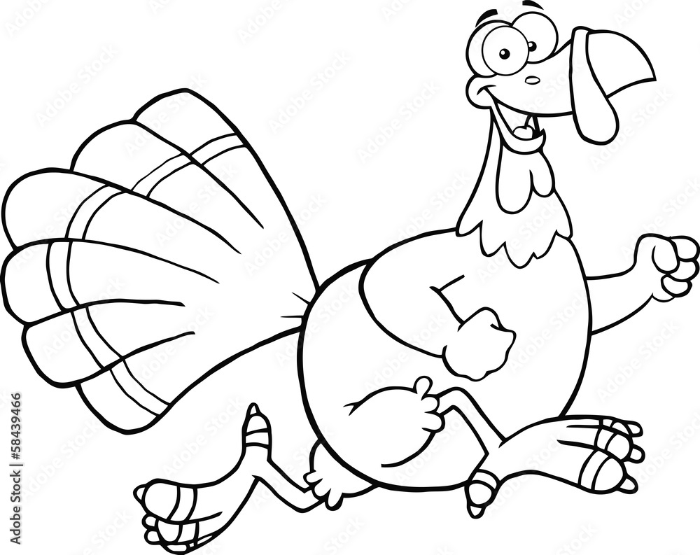 Black and White Happy Turkey Bird Cartoon Character Running Stock