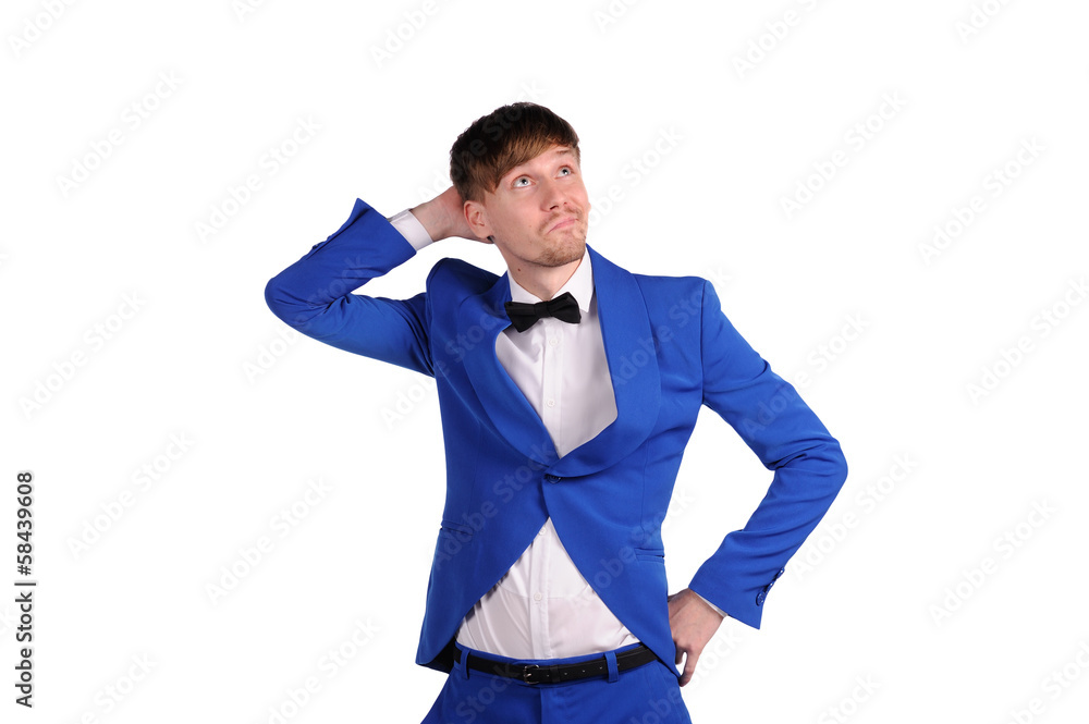 Funny man in blue suite with on white background Funny man in blue suite with on white background