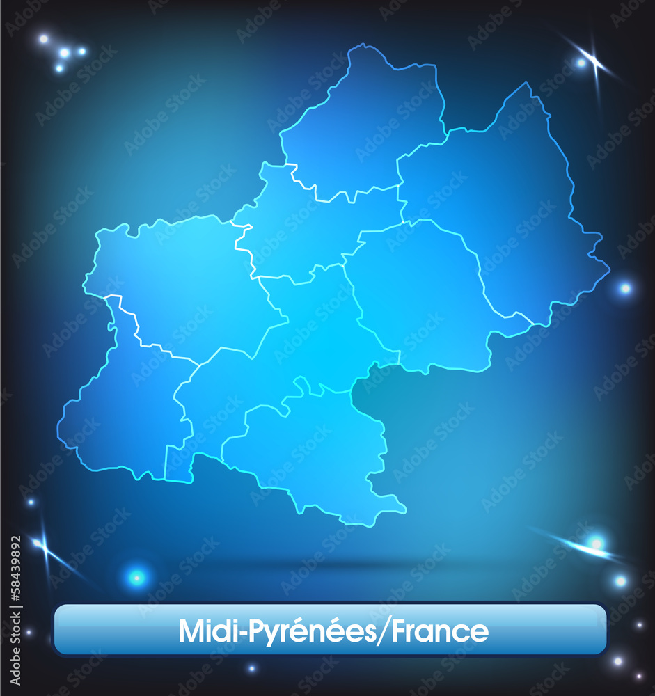Midi-Pyrénées mit Grenzen in leuchtend einfarbig Midi-Pyrénées mit Grenzen in leuchtend einfarbig