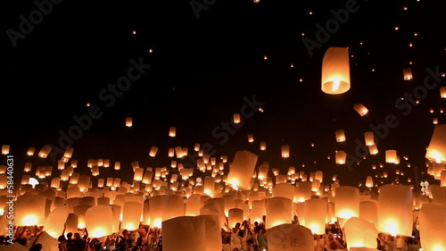 Floating lanterns in Yee Peng Festival. Chiangmai, Thailand.