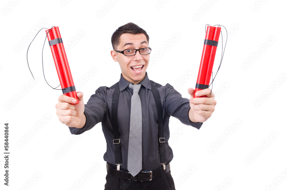 Businessman with dynamite isolated on white Businessman with dynamite isolated on white