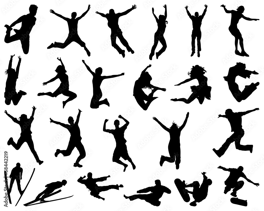 Black silhouette of people jumping, vector