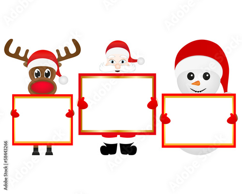Santa Claus, snowman and reindeer with blank banner