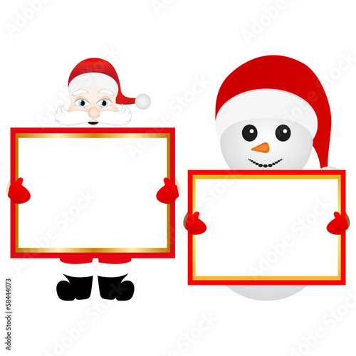Santa Claus and snowman with empty banner