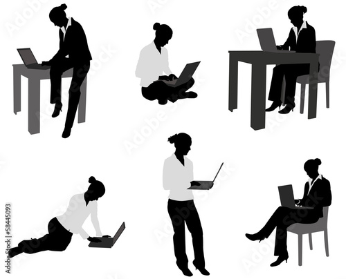 woman working on her laptop silhouettes - vector