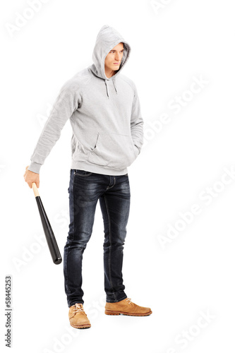 Guy with hood over his head holding a baseball bat