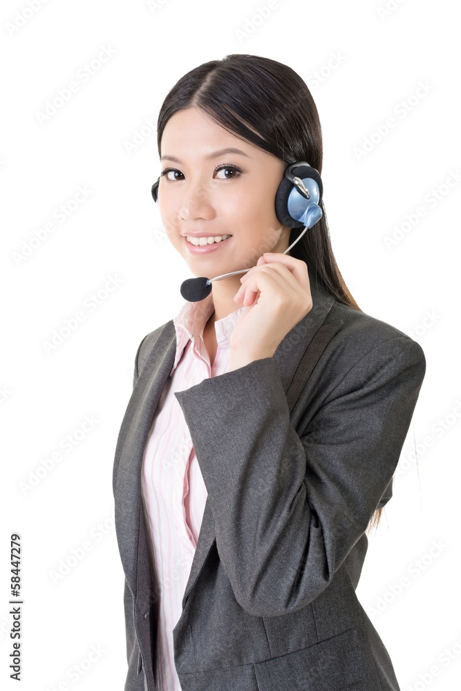 Cheerful female customer support phone operator Cheerful female customer support phone operator