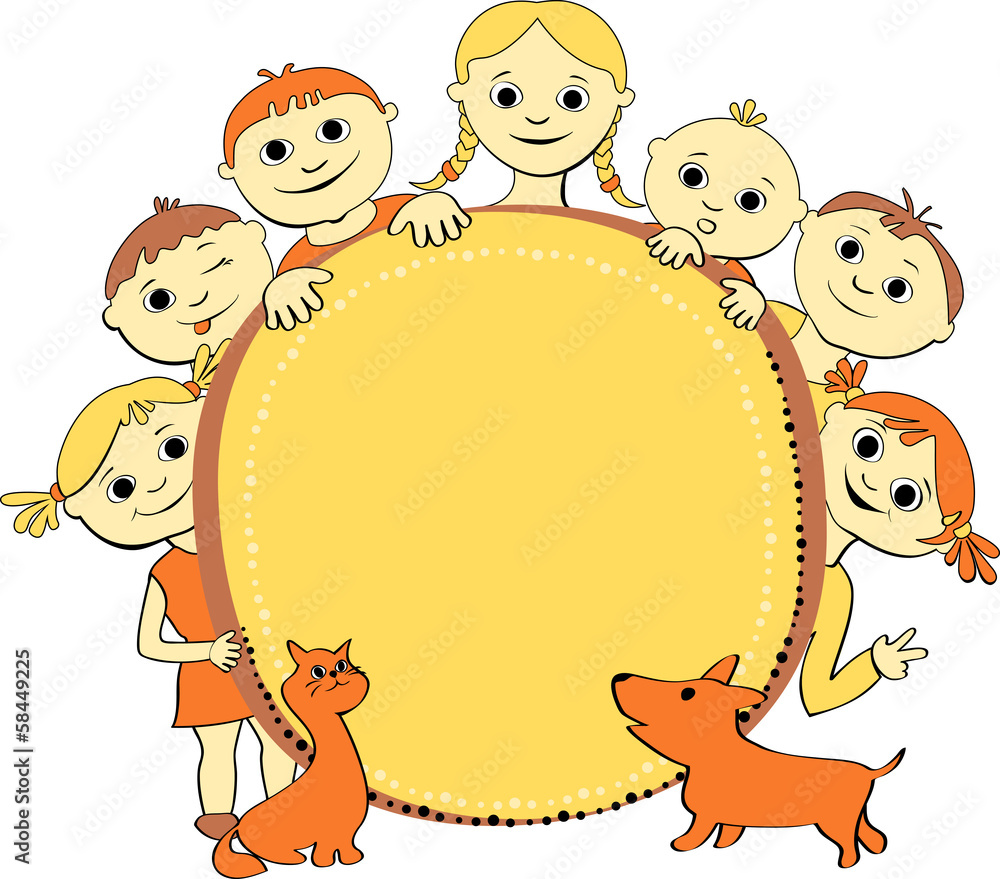 vector illustration of smiling kids with banner cat and dog vector illustration of smiling kids with banner cat and dog