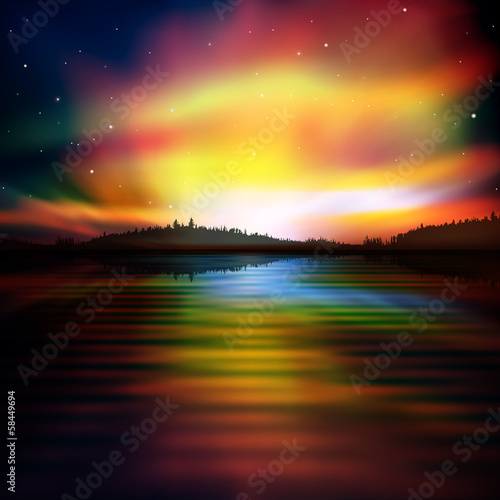 abstract background with forest lake and sunrise