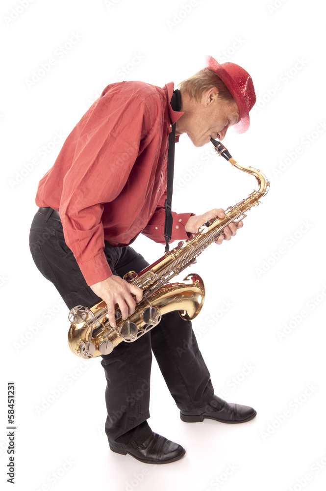 Naklejka premium Man playing tenor saxophone bend over