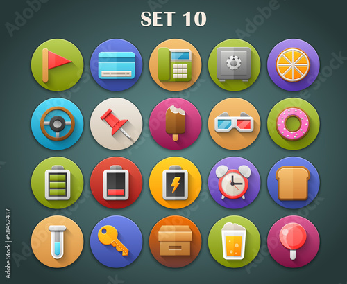 Round Bright Icons with Long Shadow Set 10