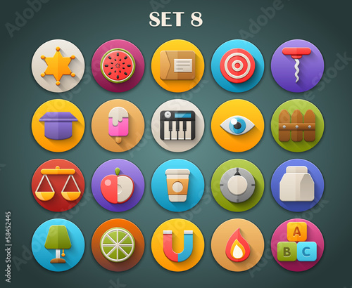 Round Bright Icons with Long Shadow Set 8