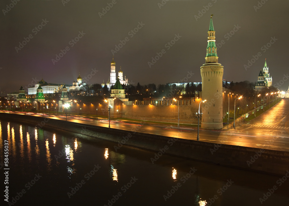 Moscow Kremlin and street light night view from Moskva-river