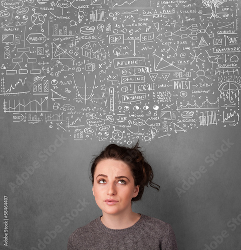 Young woman gesturing with sketched charts above her head