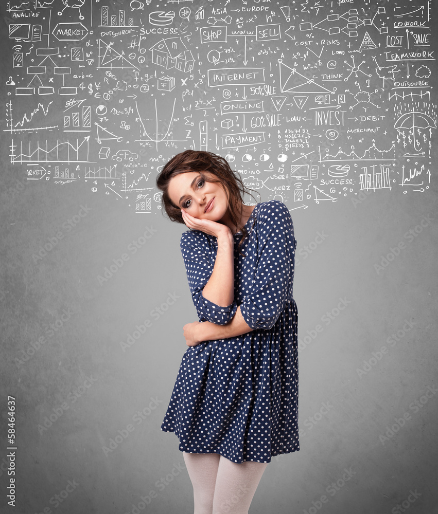 Young pretty lady with hand drawn calculations and icons Young pretty lady with hand drawn calculations and icons