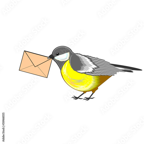 A cute titmouse with a letter in its beak