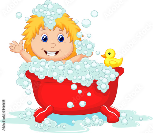 Girl bathing in the red bath tub