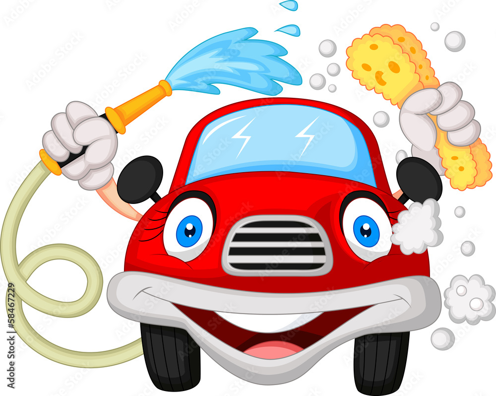 Cartoon Car Washing With Water Pipe And Sponge Stock Illustration -  Download Image Now - Smiling, Soap Sud, Bubble - iStock