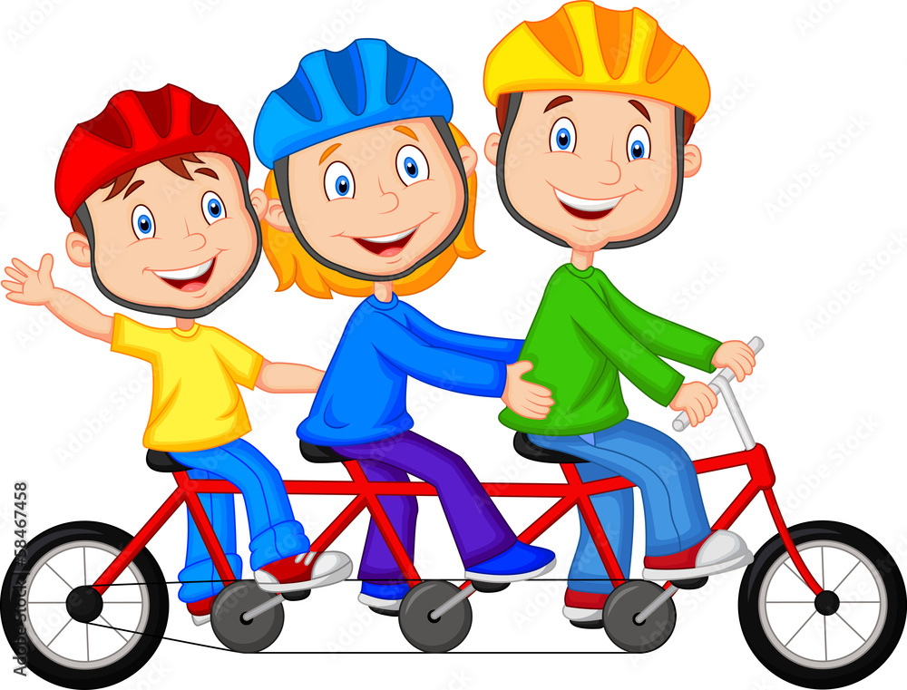 Happy family riding triple bicycle Happy family riding triple bicycle
