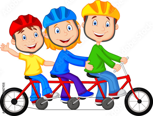 Happy family riding triple bicycle