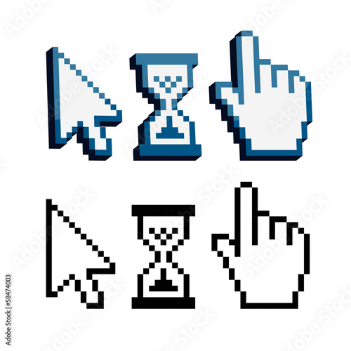 Pixel 3d cursors icons. Hand, Arrow, Hourglass