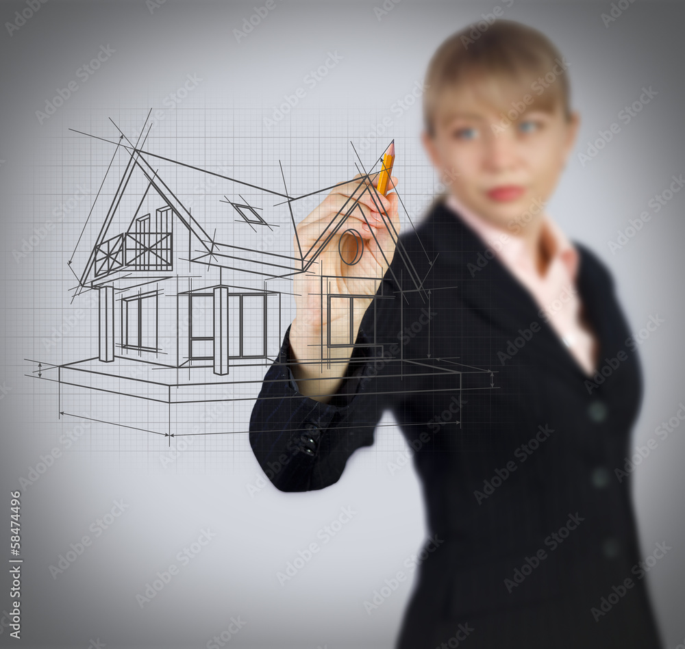 Obraz premium Business woman drawing house on screen. Real estate concept