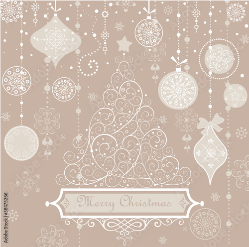 Retro greeting pastel card with xmas tree.