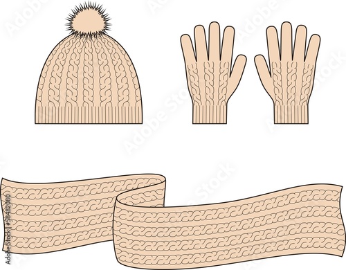 Vector illustration of winter cap, scarf, gloves