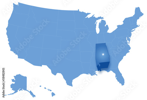 Map of United States with all states where Alabama is pulled out