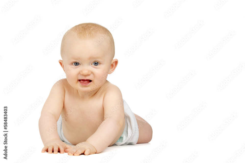 Baby on his front isolated on a white background Baby on his front isolated on a white background