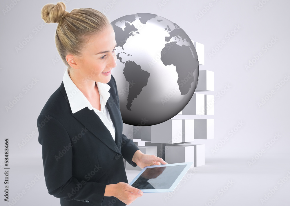 Composite image of businesswoman holding new tablet Composite image of businesswoman holding new tablet