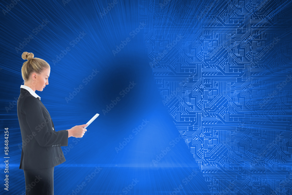Composite image of businesswoman holding new tablet Composite image of businesswoman holding new tablet