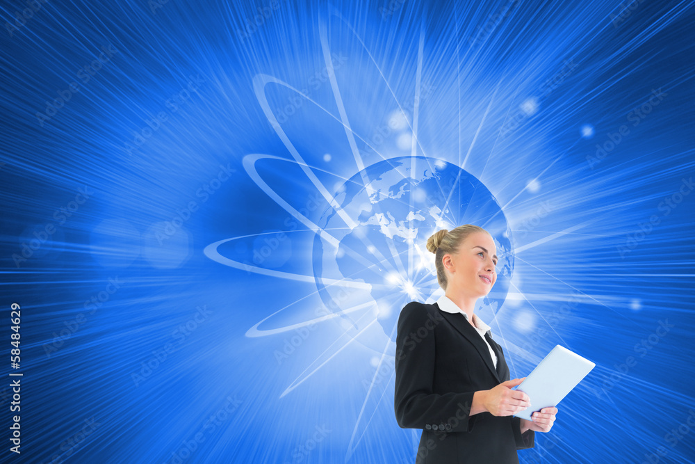 Composite image of businesswoman holding new tablet Composite image of businesswoman holding new tablet