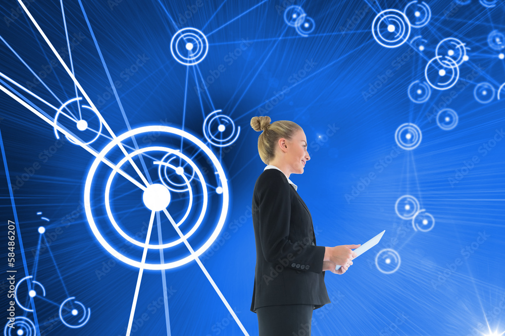 Composite image of businesswoman holding new tablet Composite image of businesswoman holding new tablet