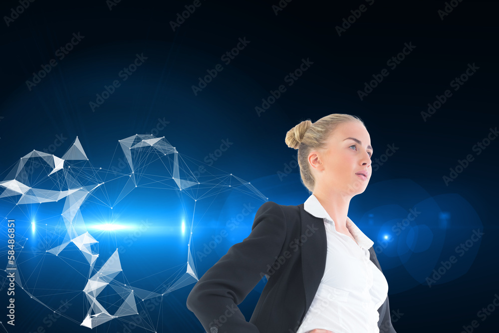 Composite image of businesswoman standing with hands on hips Composite image of businesswoman standing with hands on hips