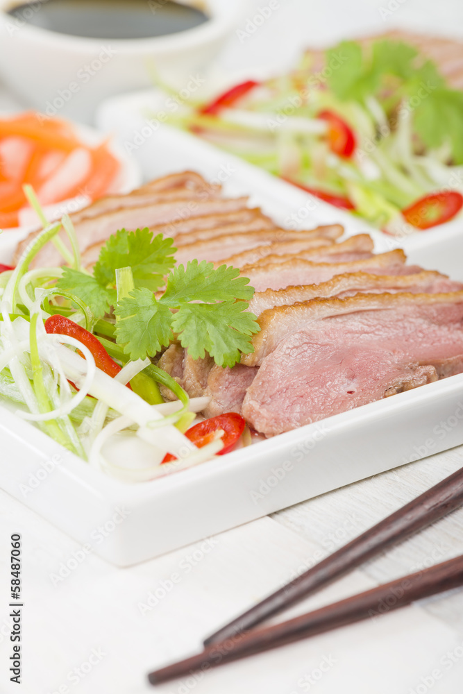 Tea-Smoked Duck - Vietnamese style green tea smoked duck breast Stock