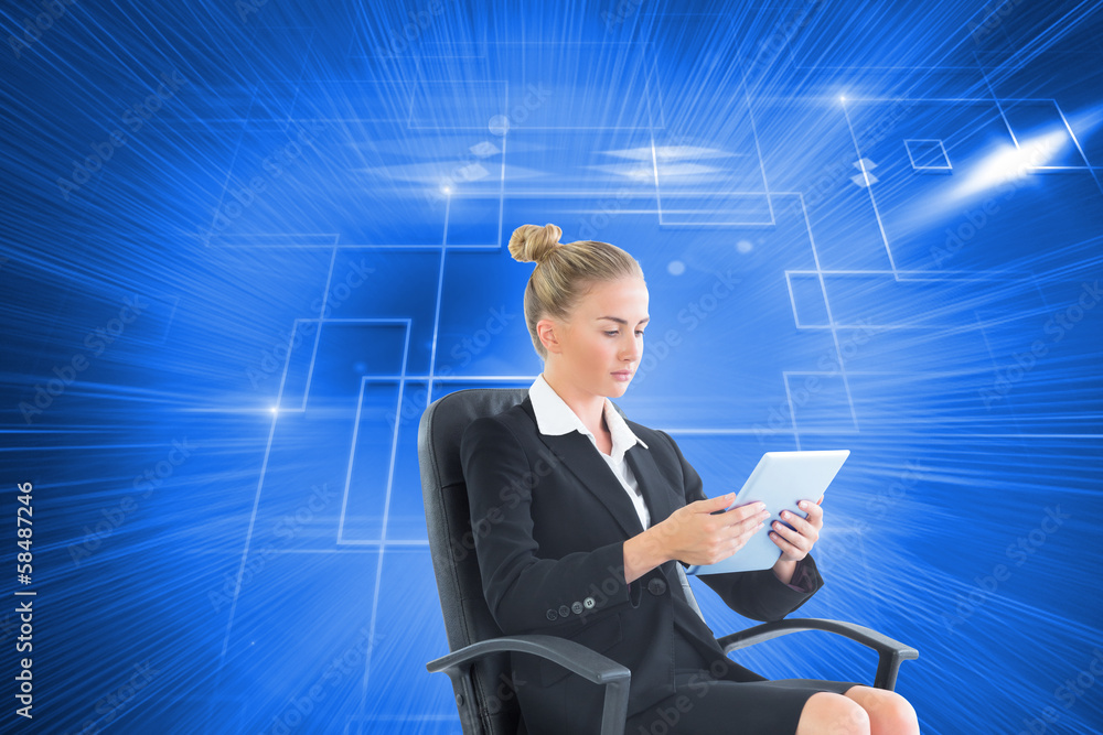 Composite image of businesswoman sitting on swivel chair with ta Composite image of businesswoman sitting on swivel chair with ta