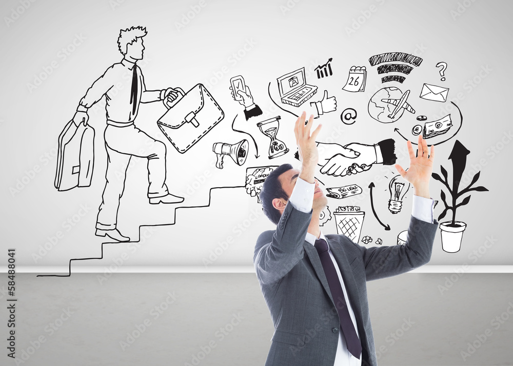 Composite image of unsmiling businessman with arms raised