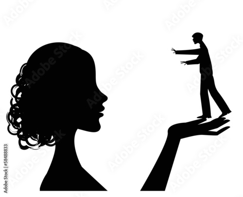 silhouette femminile che ha un uomo nelle sue mani