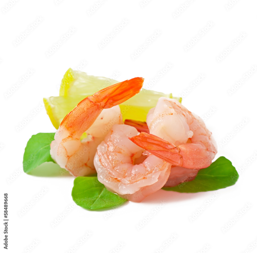 tail of shrimp with fresh lemon and rosemary on the white tail of shrimp with fresh lemon and rosemary on the white